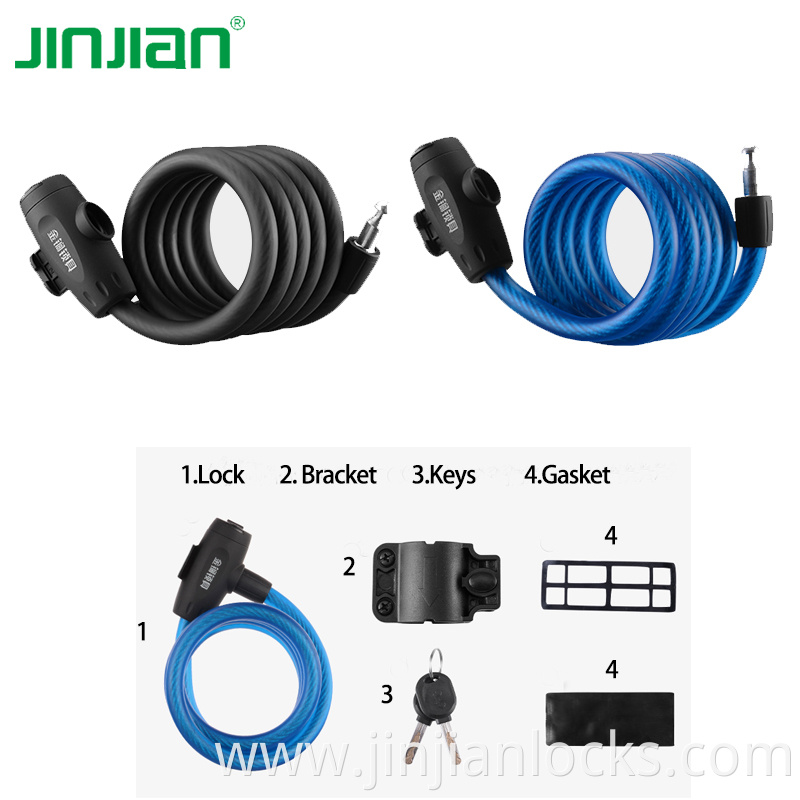 jinjian matte finished 1.5m Long Safety coil Bike Lock Stainless Steel Bicycle Cable Chain Lock